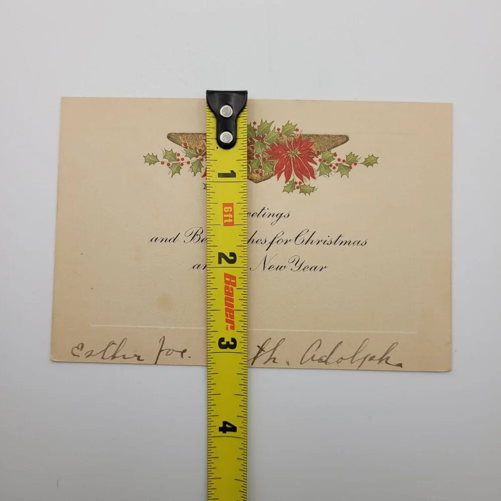 Vintage Christmas Card Esther Ruth Adolph Handwritten Poinsettia‎ Holly 5x3 Inch